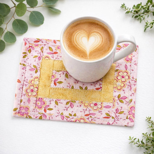 Pink and Yellow Floral Quilted Mug Rug • Large Coaster • Spring Mini Quilt