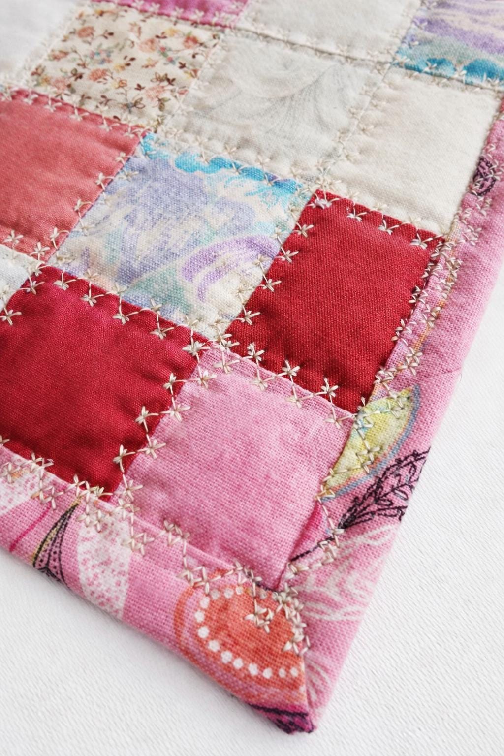 Pink & Mauve Patchwork Quilted Mug Rug • Large Coaster • Spring Floral Mini Quilt