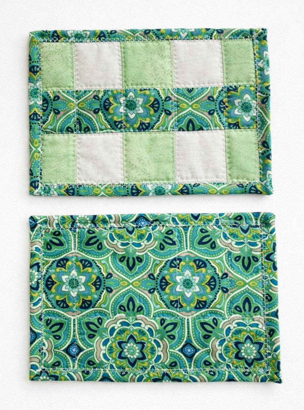 Green & White Patchwork Quilted Mug Rug • Large Coaster • Spring Mini Quilt