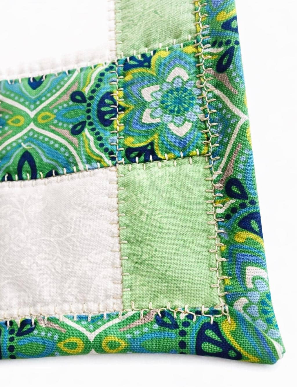 Green & White Patchwork Quilted Mug Rug • Large Coaster • Spring Mini Quilt