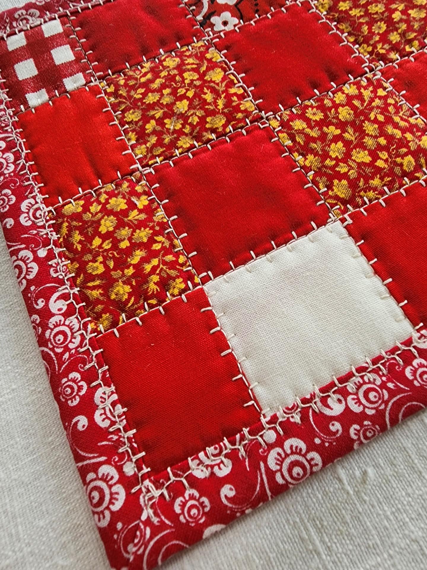 Red Quilted Mug Rug • Candle Mat • Handmade Patchwork Coaster • Red & White Cotton Mini Quilt