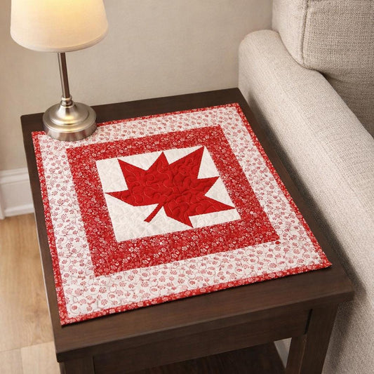 Red & White Quilted Maple Leaf Table Topper – Reversible Cotton Candle Mat or Dining Accent