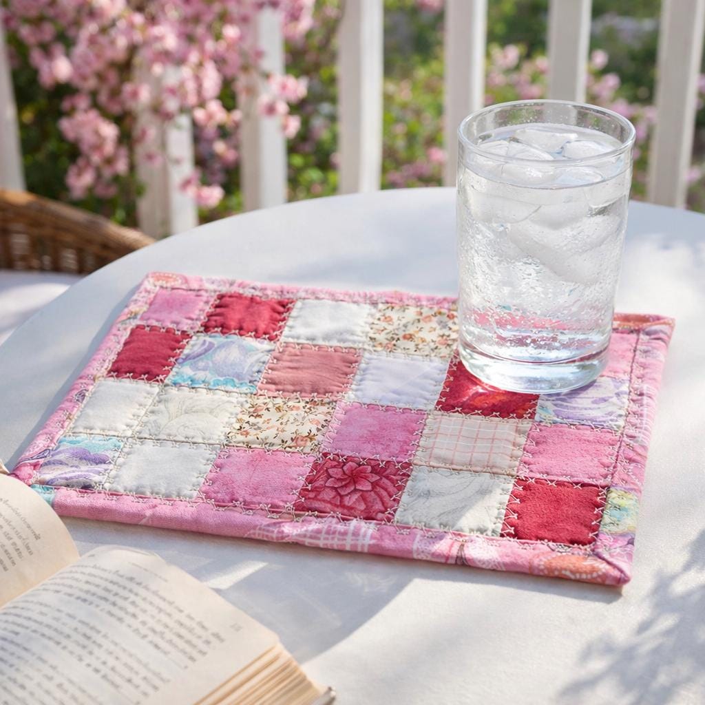 Pink & Mauve Patchwork Quilted Mug Rug • Large Coaster • Spring Floral Mini Quilt