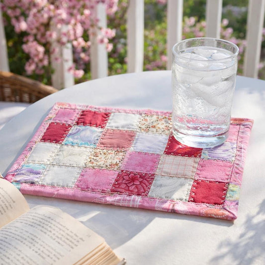 Pink & Mauve Patchwork Quilted Mug Rug • Large Coaster • Spring Floral Mini Quilt