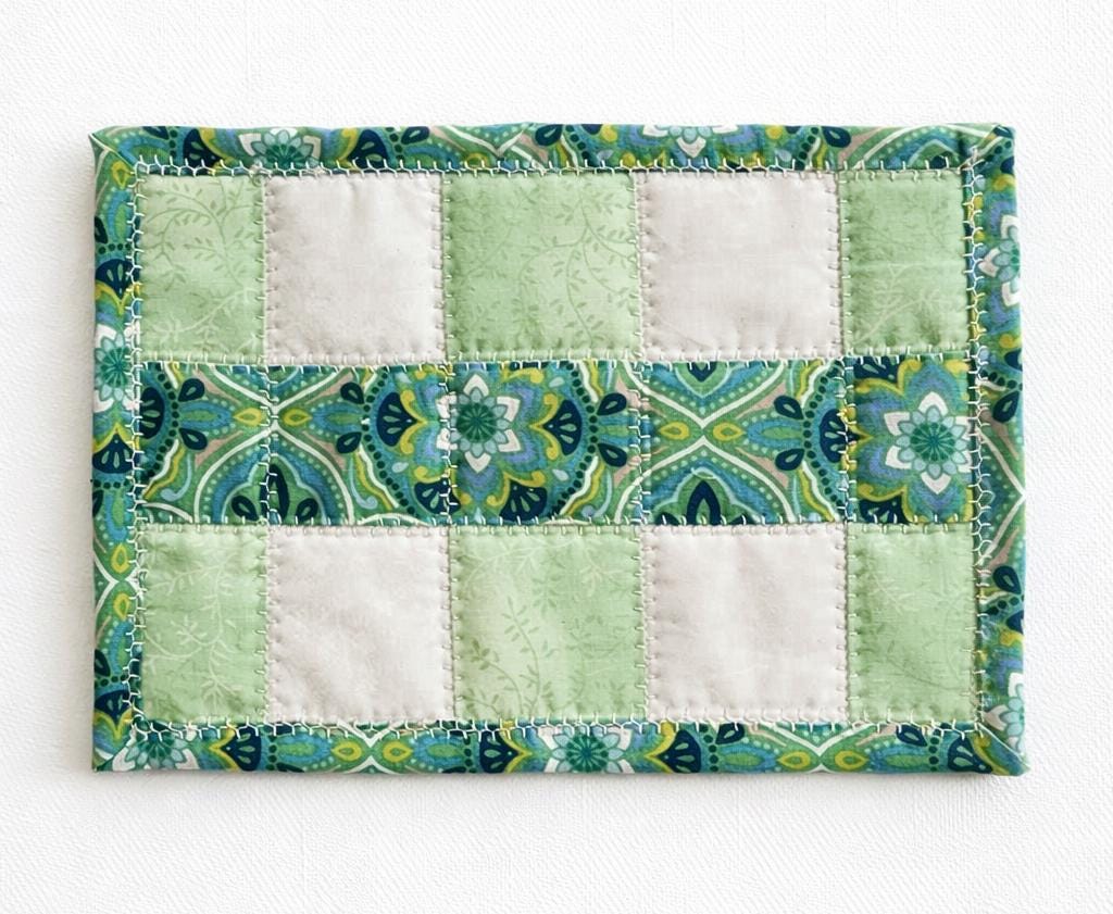 Green & White Patchwork Quilted Mug Rug • Large Coaster • Spring Mini Quilt