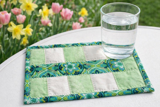 Green & White Patchwork Quilted Mug Rug • Large Coaster • Spring Mini Quilt