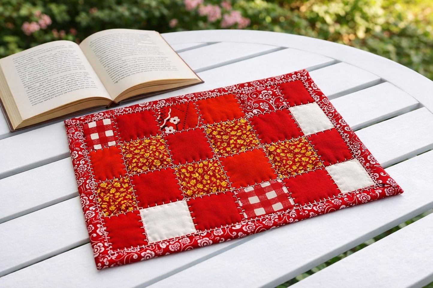 Red Quilted Mug Rug • Candle Mat • Handmade Patchwork Coaster • Red & White Cotton Mini Quilt