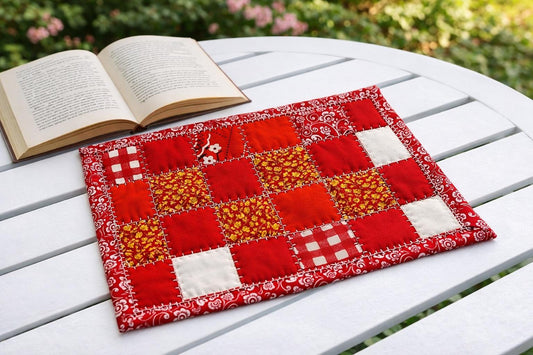 Red Quilted Mug Rug • Candle Mat • Handmade Patchwork Coaster • Red & White Cotton Mini Quilt