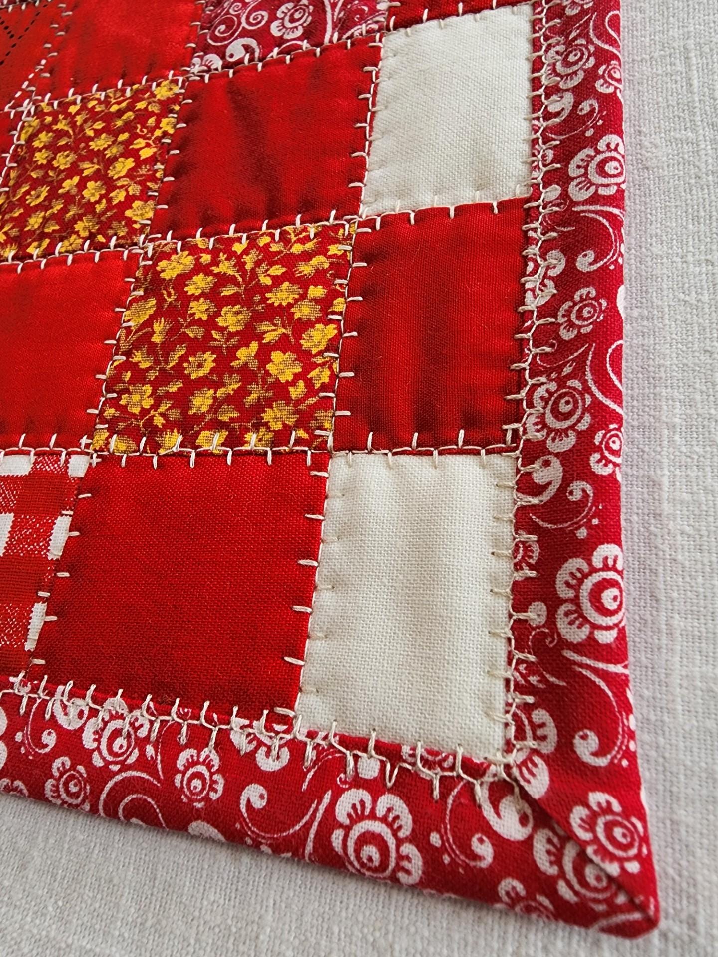 Red Quilted Mug Rug • Candle Mat • Handmade Patchwork Coaster • Red & White Cotton Mini Quilt