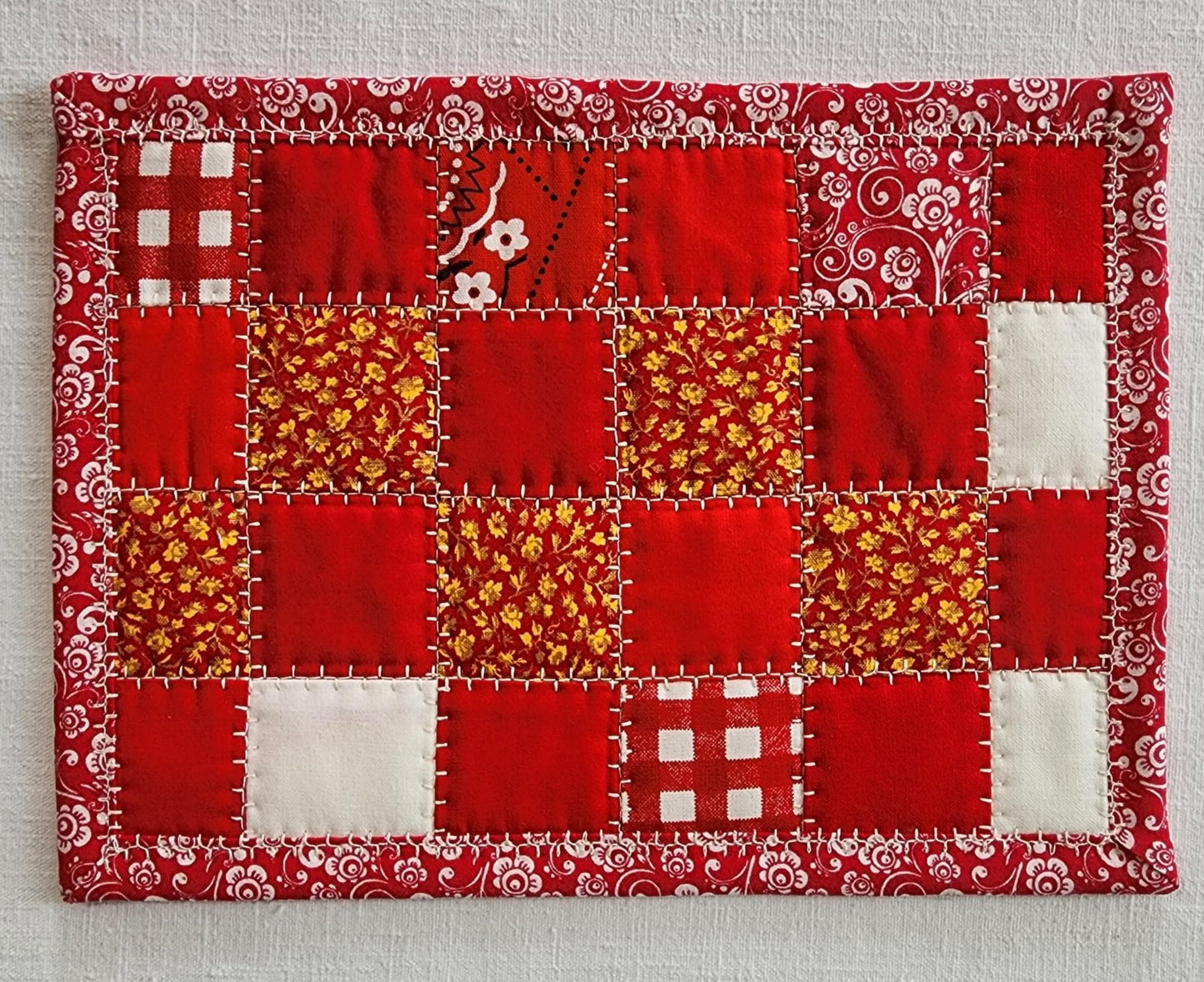Red Quilted Mug Rug • Candle Mat • Handmade Patchwork Coaster • Red & White Cotton Mini Quilt