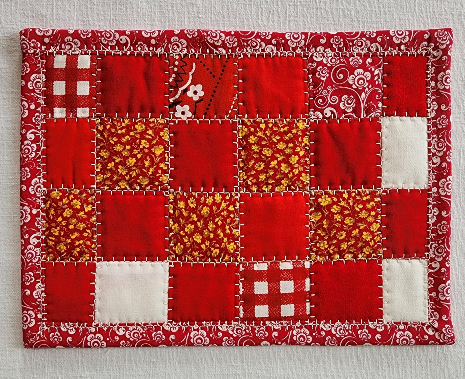 Red Quilted Mug Rug • Candle Mat • Handmade Patchwork Coaster • Red & White Cotton Mini Quilt
