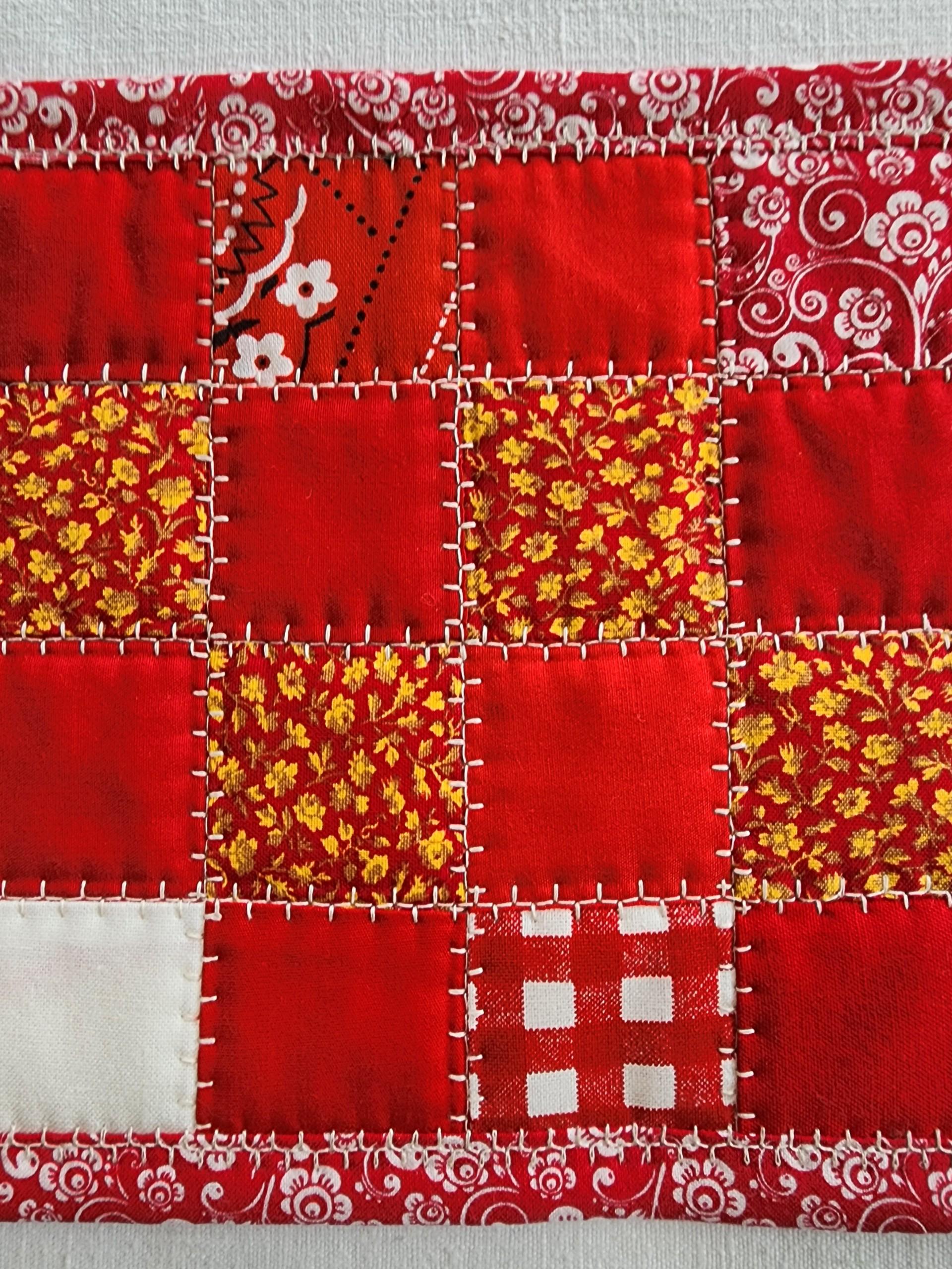 Red Quilted Mug Rug • Candle Mat • Handmade Patchwork Coaster • Red & White Cotton Mini Quilt