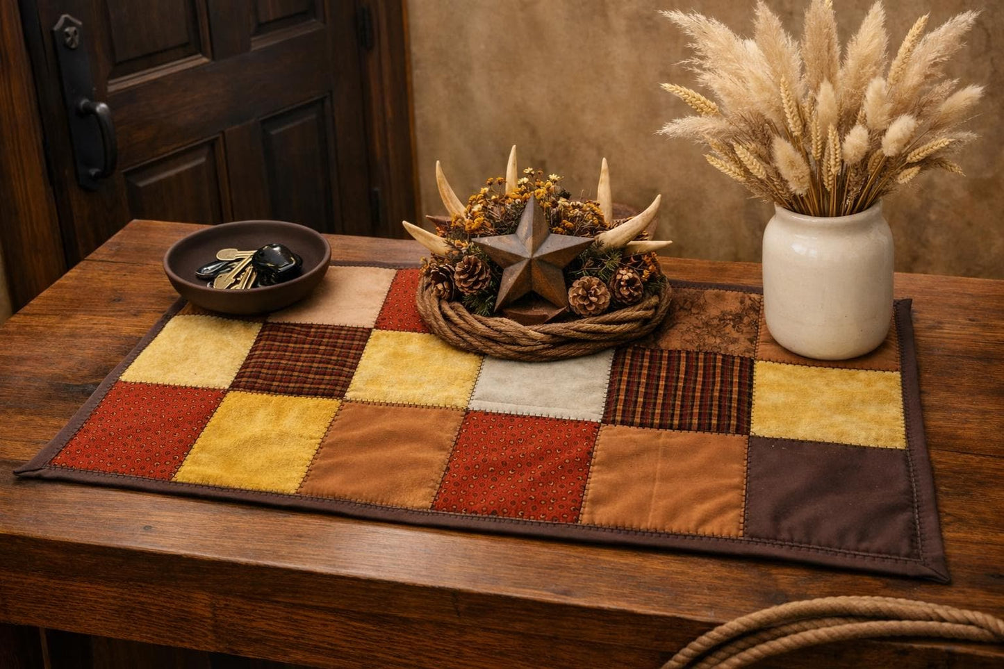 Southwestern Quilted Table Runner – Nine Patch Design – 13 x 25.5 – Rustic Western Decor