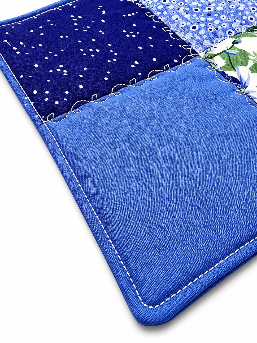 Blue Floral Patchwork Quilted Potholder – Handmade Cottage Style Kitchen Decor