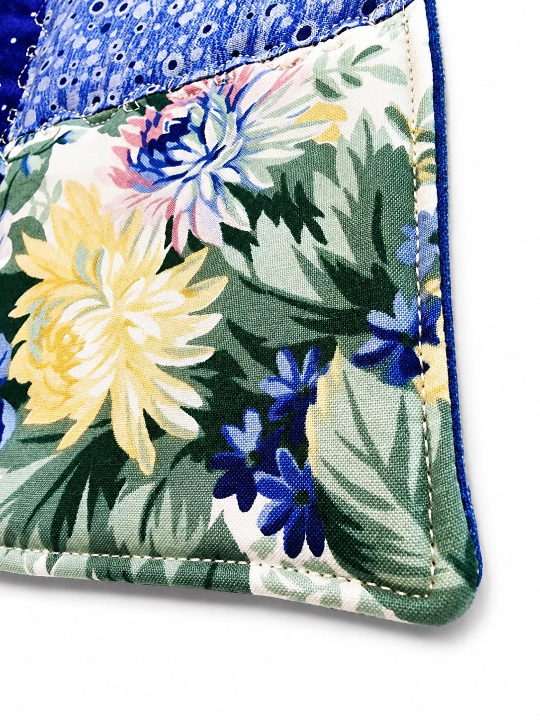 Blue Floral Patchwork Quilted Potholder – Handmade Cottage Style Kitchen Decor