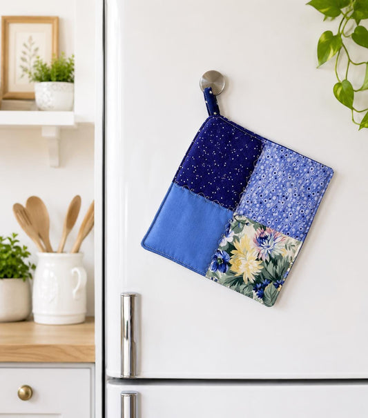 Blue Floral Patchwork Quilted Potholder – Handmade Cottage Style Kitchen Decor